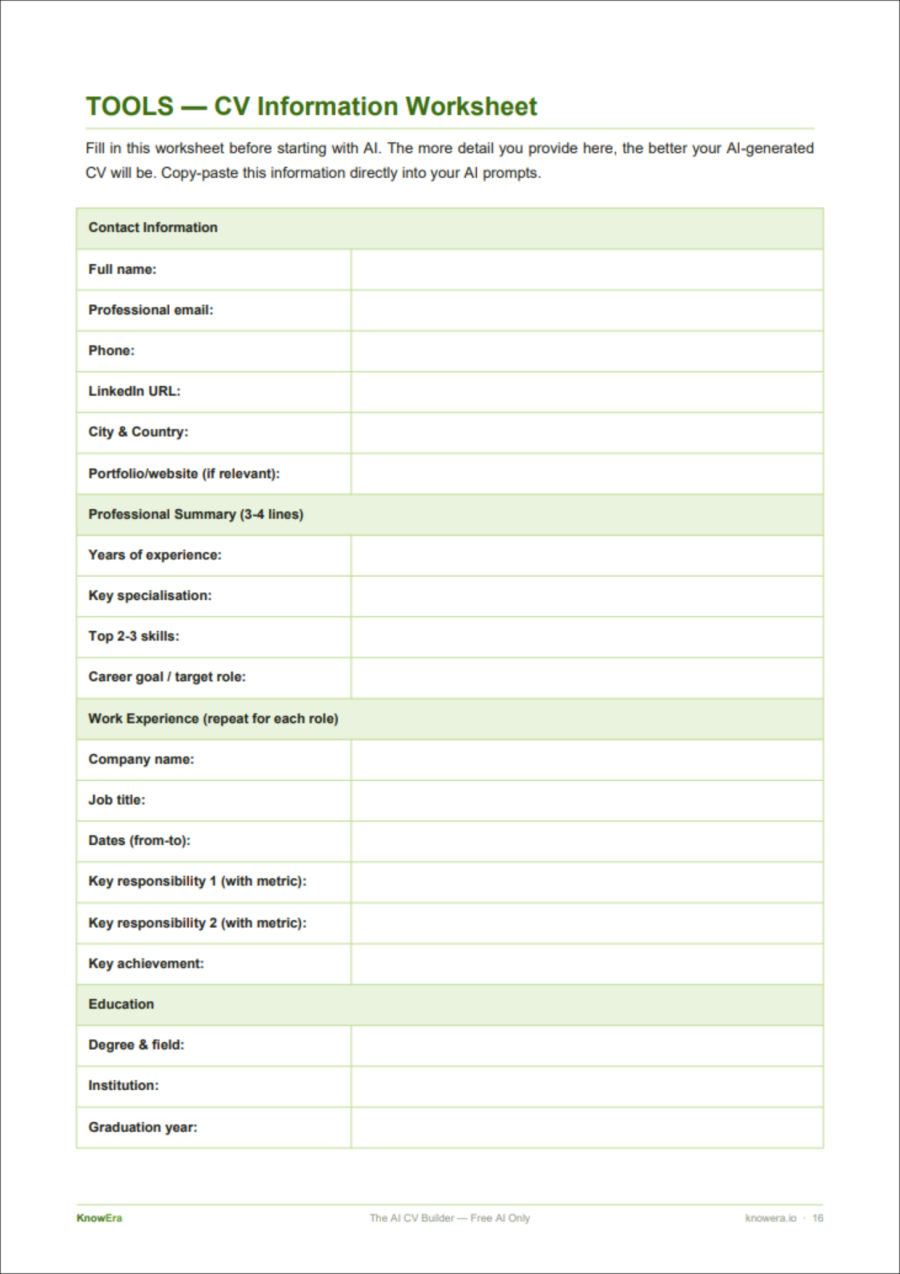 CV information worksheet