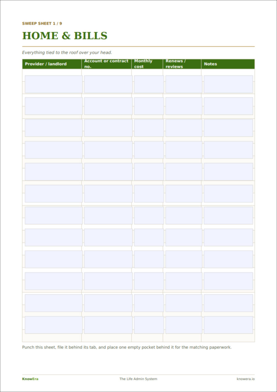 Sweep sheet — home and bills